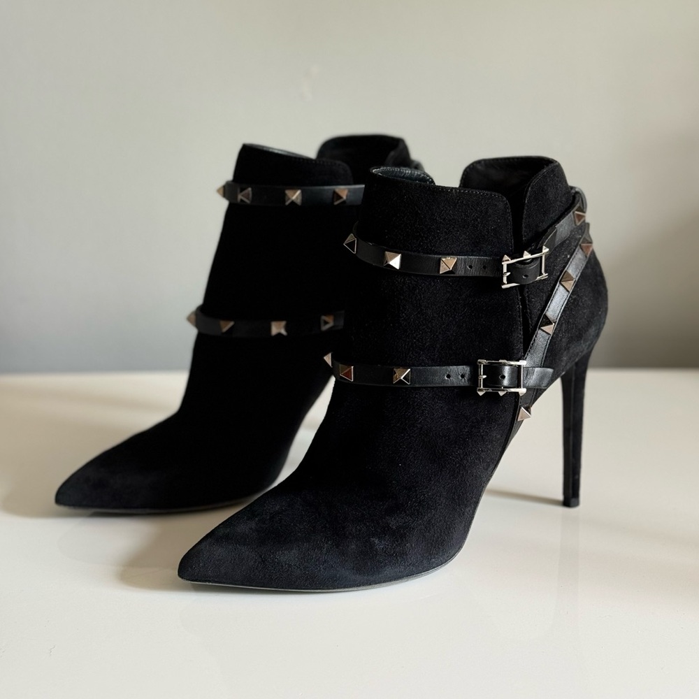 Valentino Black Suede Rockstud Stiletto Ankle Boots Size 40